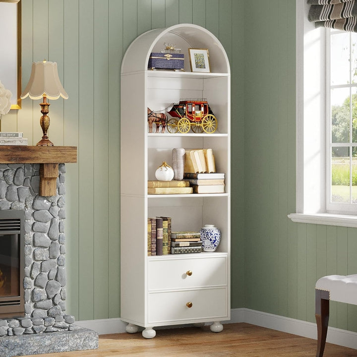 Tribesigns 74.8" Tall Bookcase, White Arched Bookshelf with 2 Drawers and 4 Storage Shelves Image 1