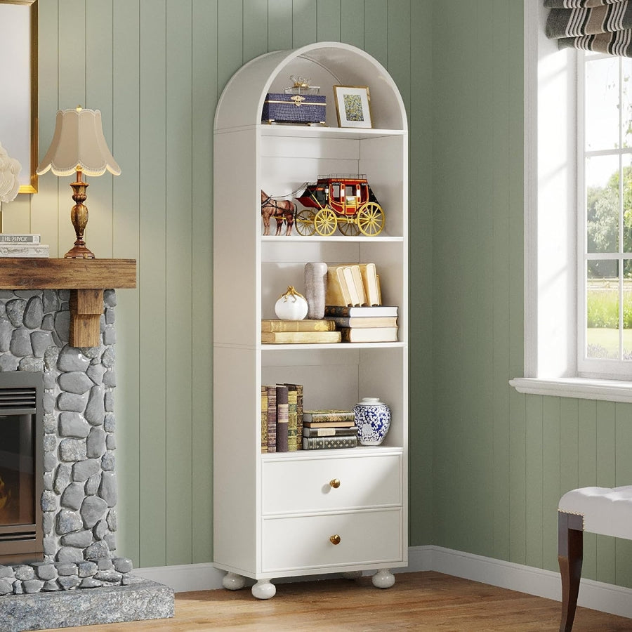 Tribesigns 74.8" Tall Bookcase, White Arched Bookshelf with 2 Drawers and 4 Storage Shelves Image 1