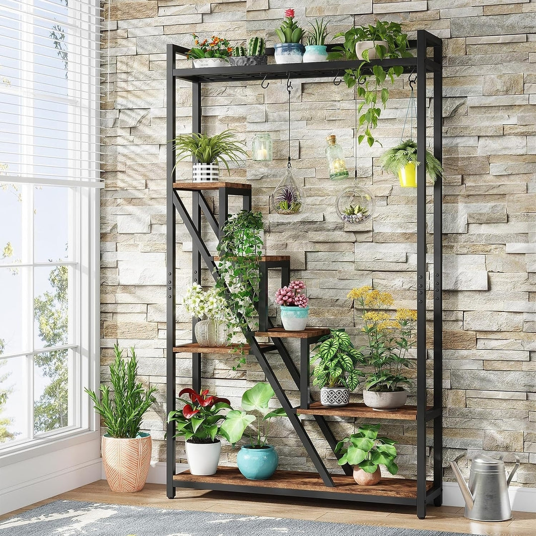 Tribesigns 70.9" Tall Indoor Plant Stand 7-Tier Wood Display Rack with S-Hooks Image 1