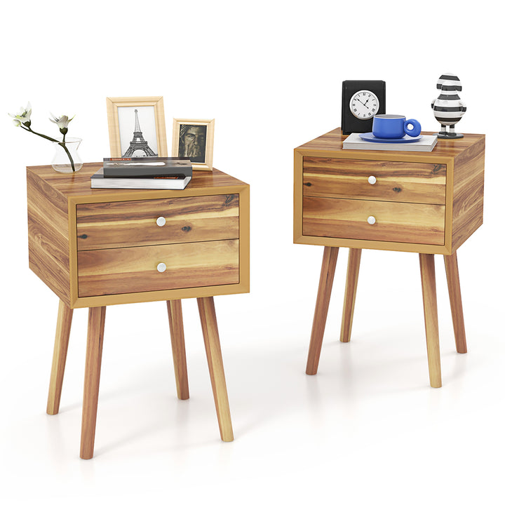 2PCS Wooden Nightstand Mid-Century End Side Table W/2 Storage Drawers Natural Image 1