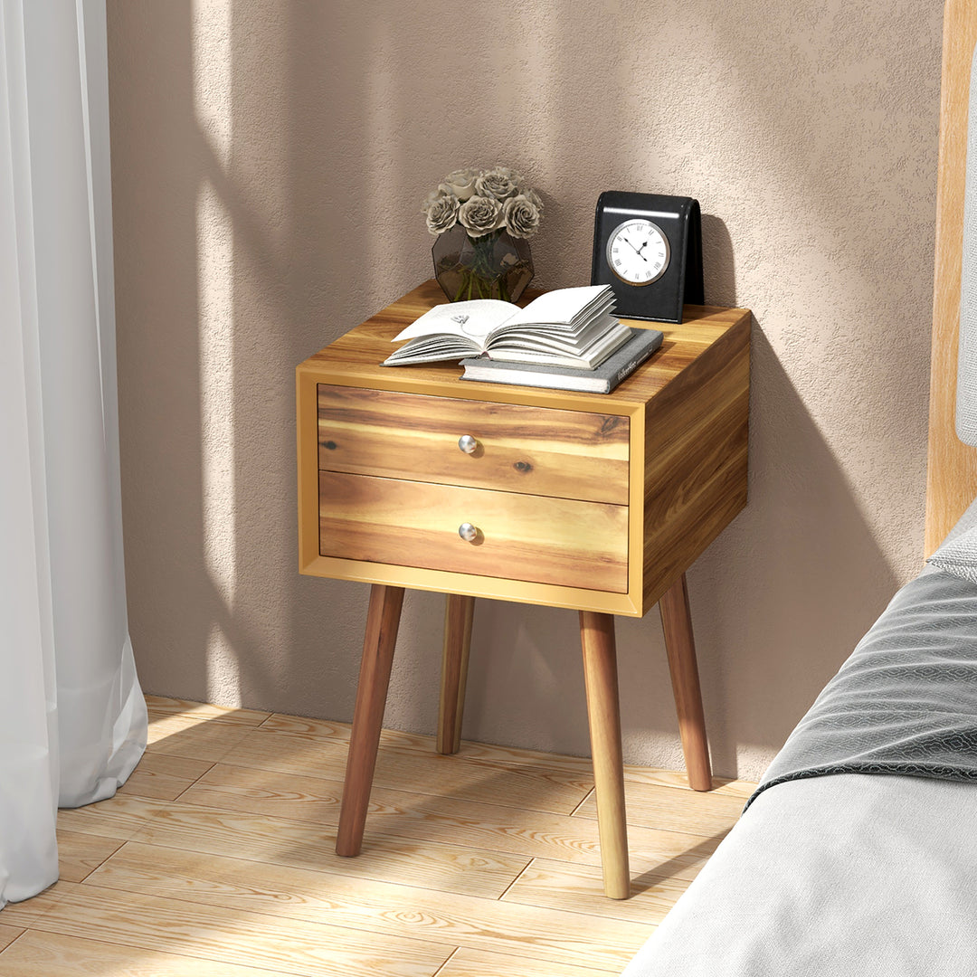 2PCS Wooden Nightstand Mid-Century End Side Table W/2 Storage Drawers Natural Image 2