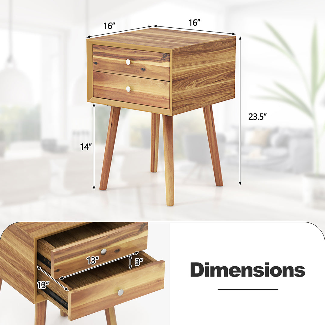 2PCS Wooden Nightstand Mid-Century End Side Table W/2 Storage Drawers Natural Image 3