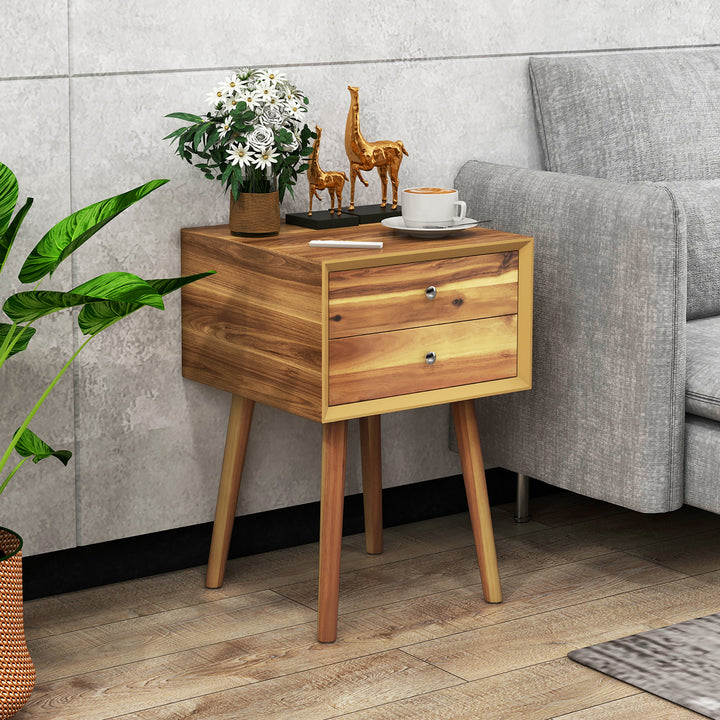 2PCS Wooden Nightstand Mid-Century End Side Table W/2 Storage Drawers Natural Image 4