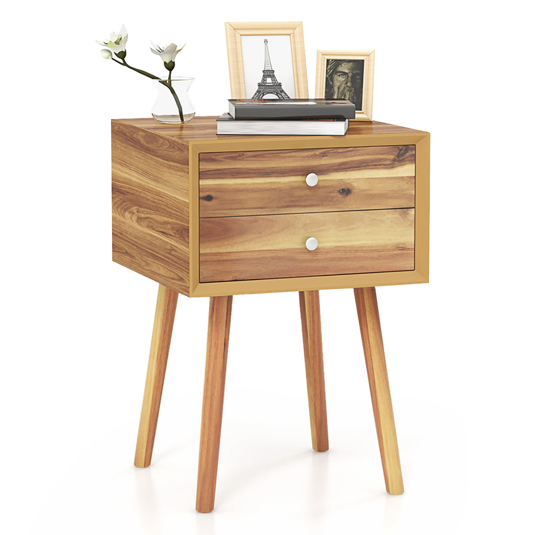 2PCS Wooden Nightstand Mid-Century End Side Table W/2 Storage Drawers Natural Image 10