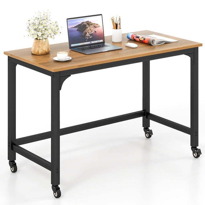 Rolling Computer Desk Metal Frame PC Laptop Table Wood Top Study Workstation Image 1