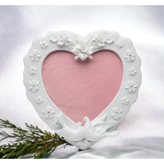 Ceramic Heart Shape Frame with Flowers and White Doves, Wedding Dcor or Gift, Anniversary Dcor or Gift, Home Dcor Image 1