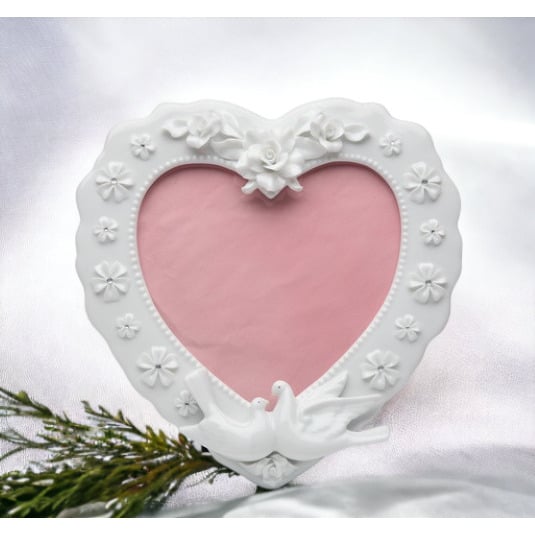 Ceramic Heart Frame with Flowers and Doves 7.75 x 8 Wedding Anniversary Decor Image 1