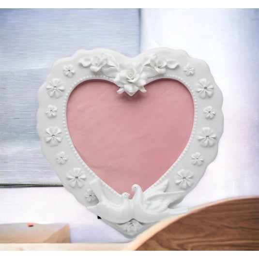 Ceramic Heart Frame with Flowers and Doves 7.75 x 8 Wedding Anniversary Decor Image 2