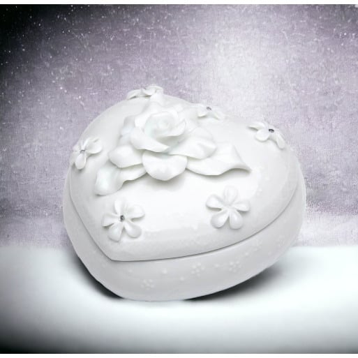 Ceramic White Heart Shaped Jewelry Box with Rose Flower 4x3.75 inches Image 1