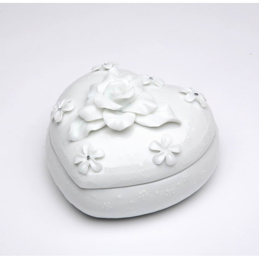 Ceramic White Heart Shaped Jewelry Box with Rose Flower 4x3.75 inches Image 2