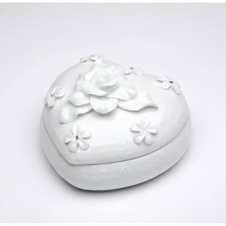 Ceramic White Heart Shaped Jewelry Box with Rose Flower 4x3.75 inches Image 2