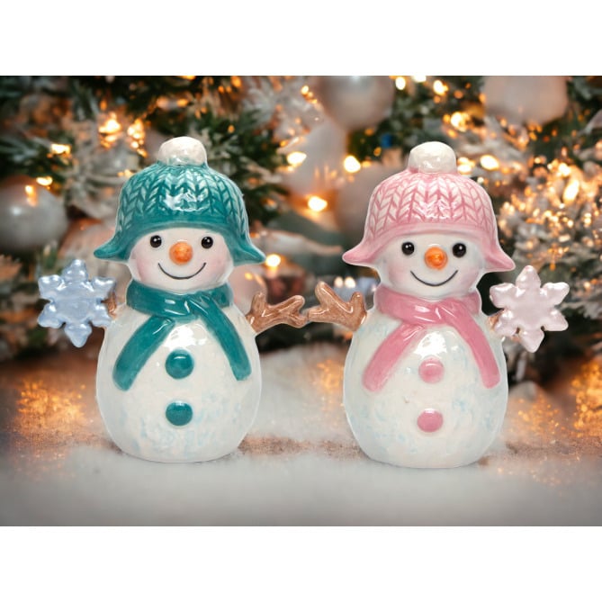 Ceramic Snowman Salt and Pepper Shakers Pastel Color 3.25 in Image 1