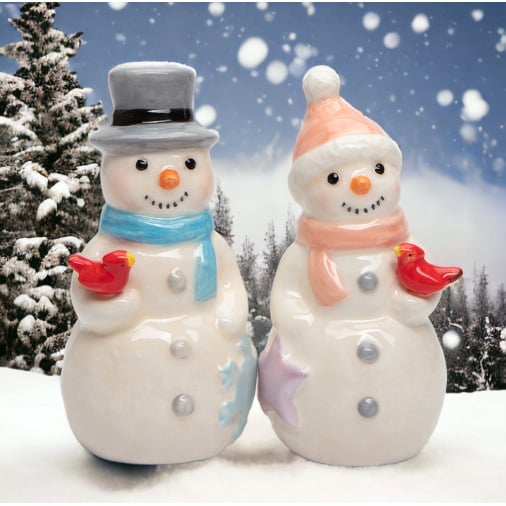 Ceramic Snowman Couple Salt and Pepper Shakers with Cardinal Birds Image 1