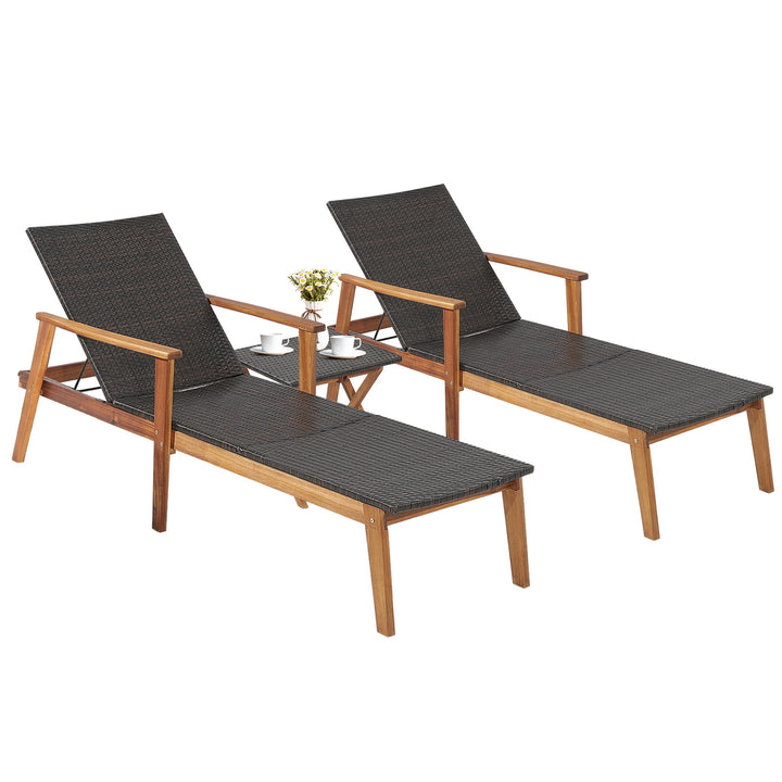 3PCS Patio Rattan Lounge Chair Chaise Set Wooden Frame Folding Table Image 9