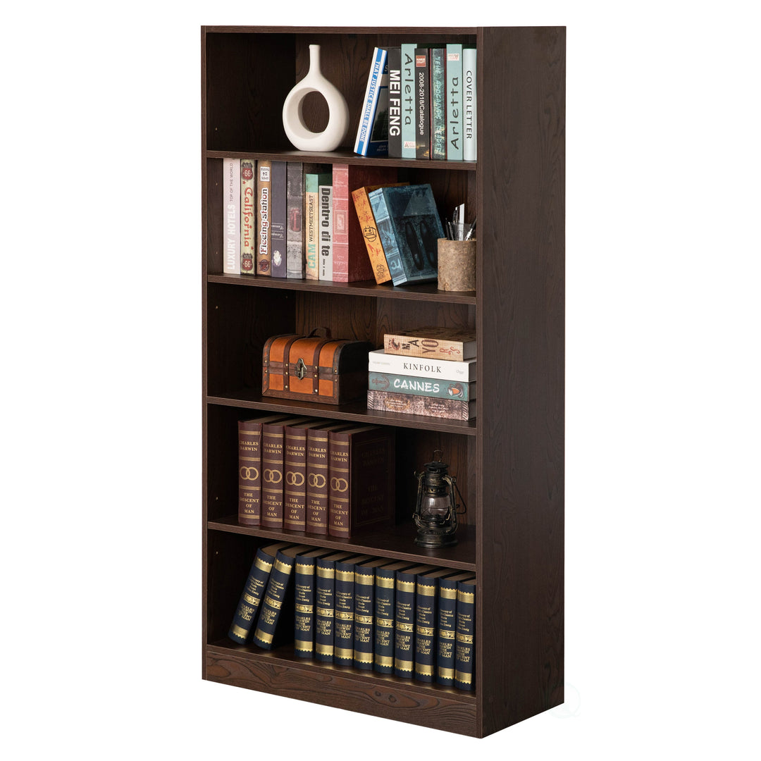 Classic Wooden Display Bookshelf 5 Open Shelves 30in W Floor Standing Bookcase Image 1