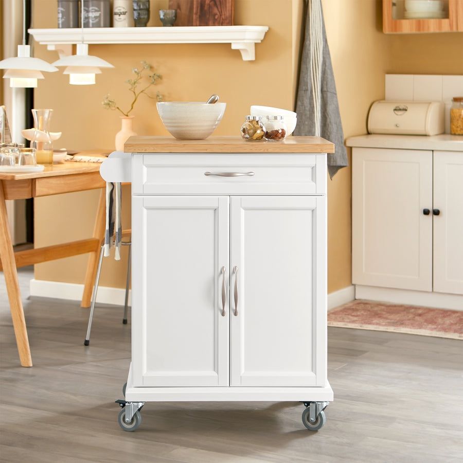 Haotian FKW13-WN, Kitchen Cabinet Kitchen Storage Trolley Cart with Bamboo Worktop, 1 Large Cupboard and 1 Drawer Image 1