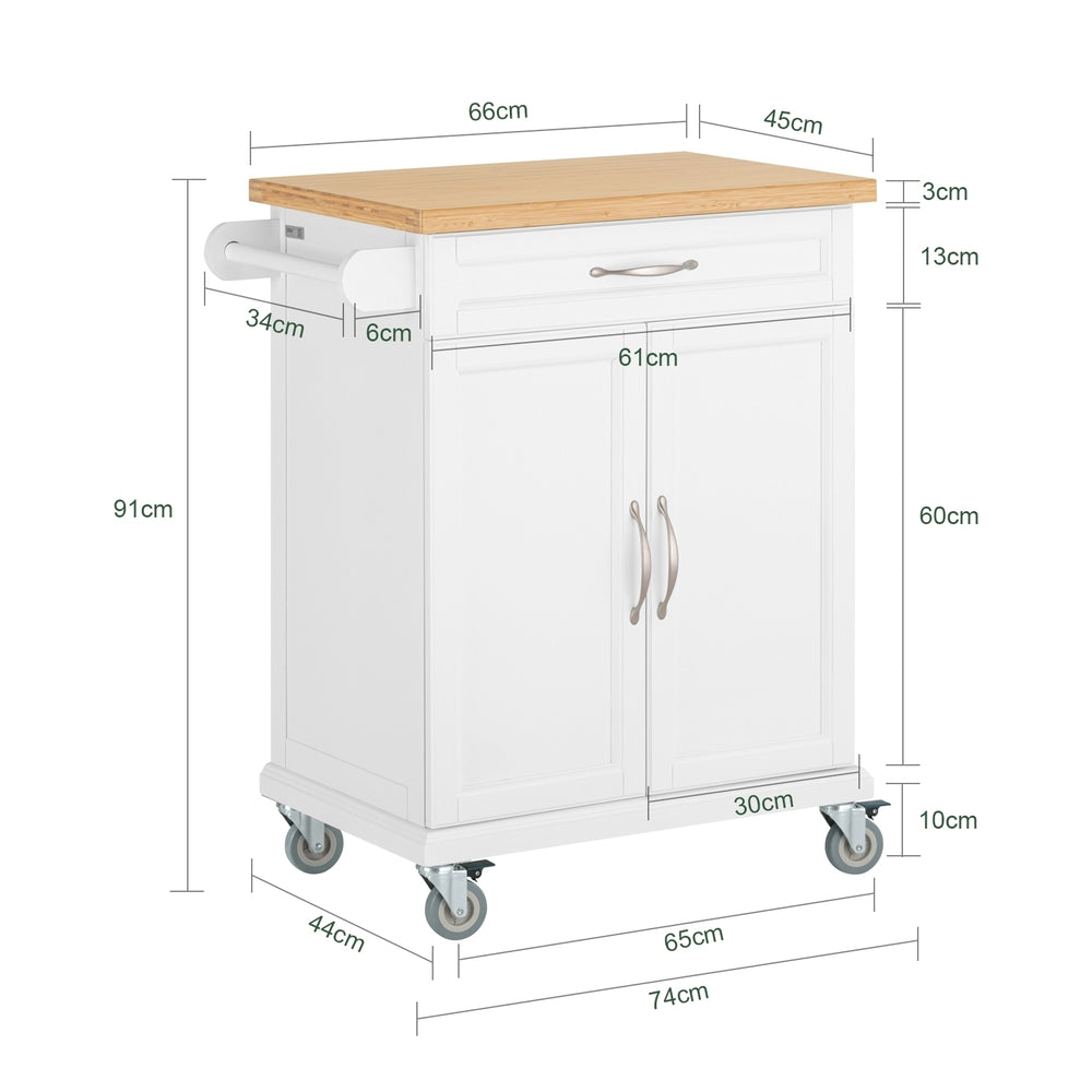 Haotian FKW13-WN, Kitchen Cabinet Kitchen Storage Trolley Cart with Bamboo Worktop, 1 Large Cupboard and 1 Drawer Image 2