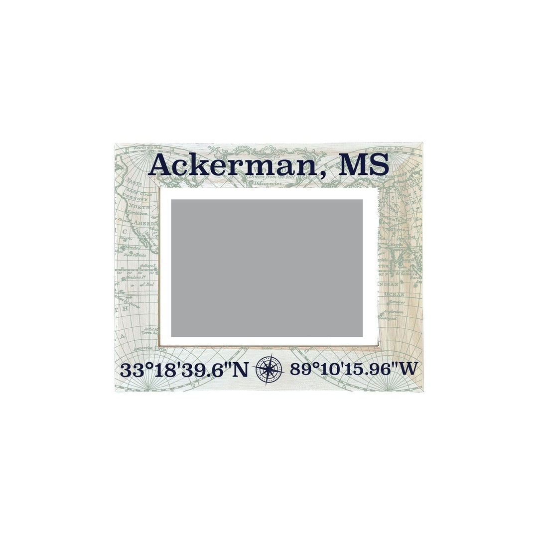 Ackerman Mississippi Souvenir Wooden Photo Frame Compass Coordinates Design Matted to 4 x 6" Image 1