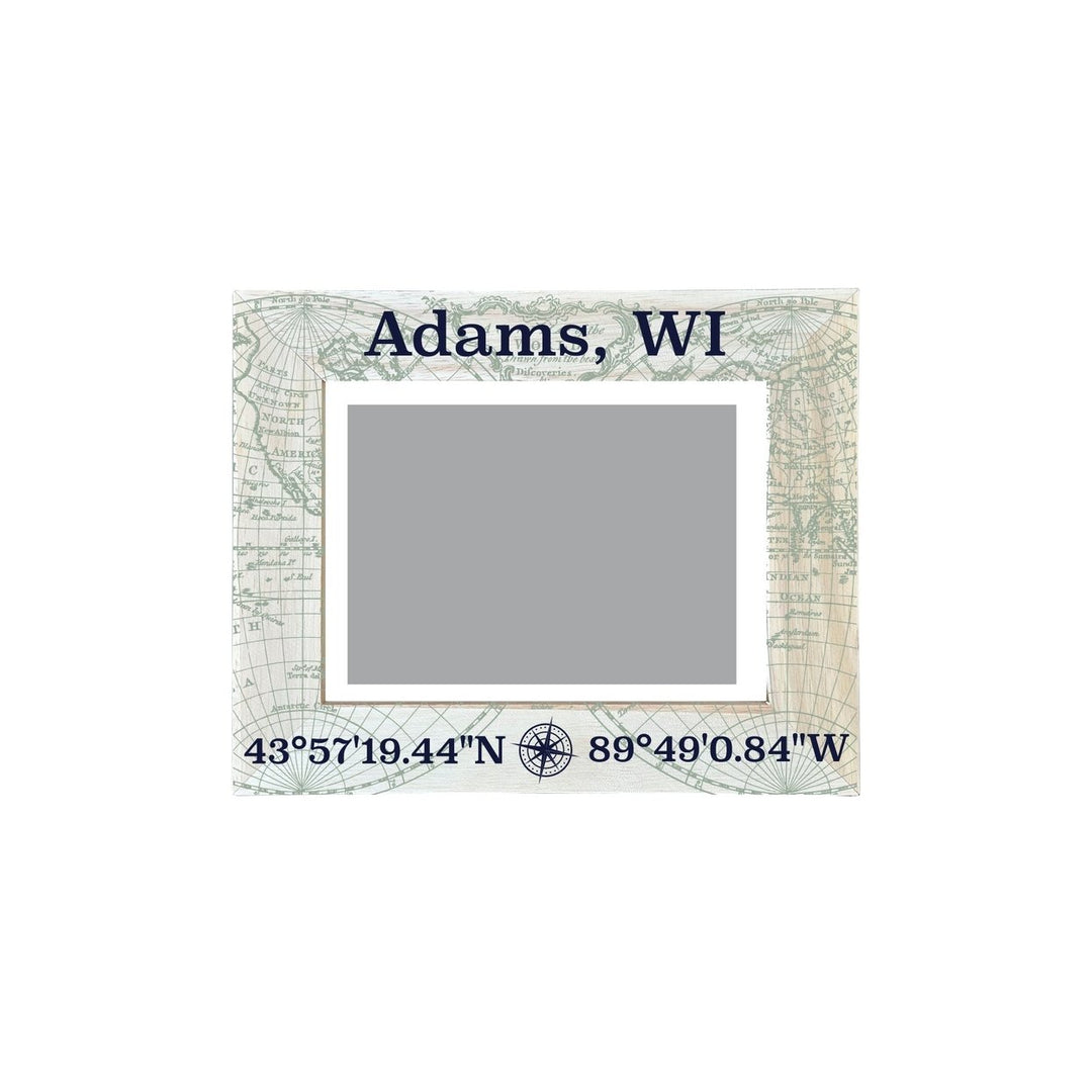 Adams Wisconsin Souvenir Wooden Photo Frame Compass Coordinates Design Matted to 4 x 6" Image 1