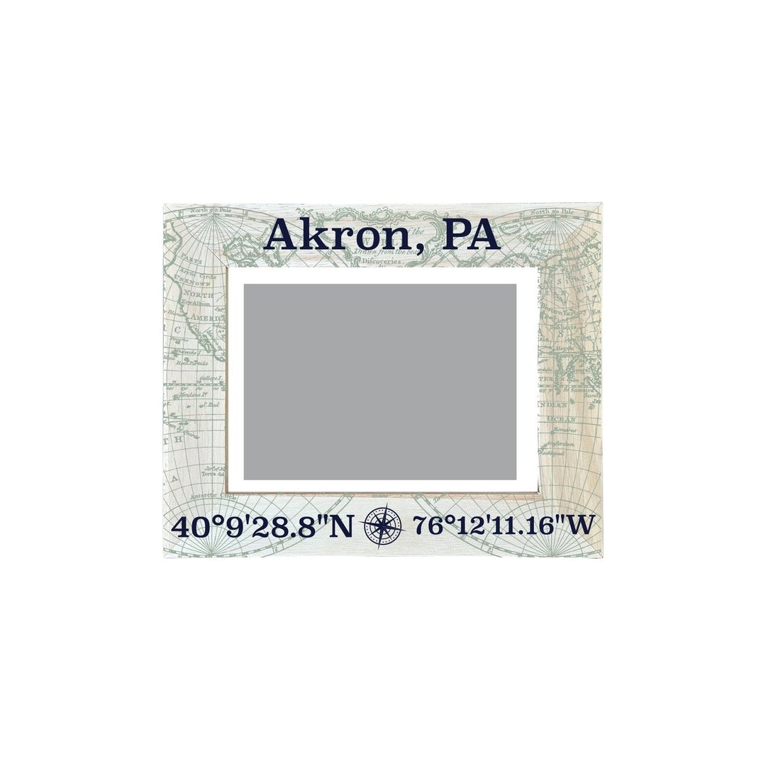 Akron Pennsylvania Souvenir Wooden Photo Frame Compass Coordinates Design Matted to 4 x 6" Image 1