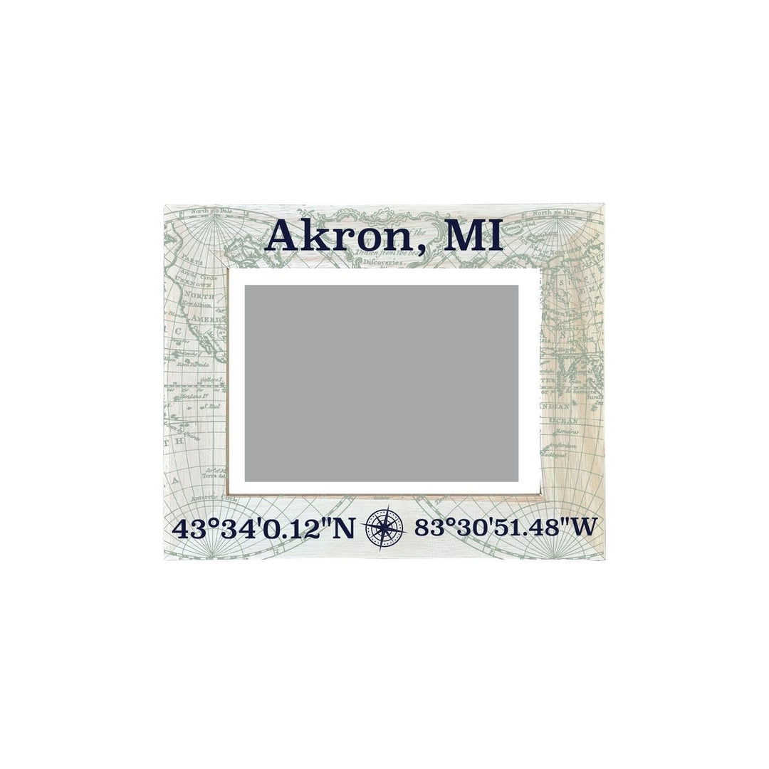 Akron Michigan Souvenir Wooden Photo Frame Compass Coordinates Design Matted to 4 x 6" Image 1