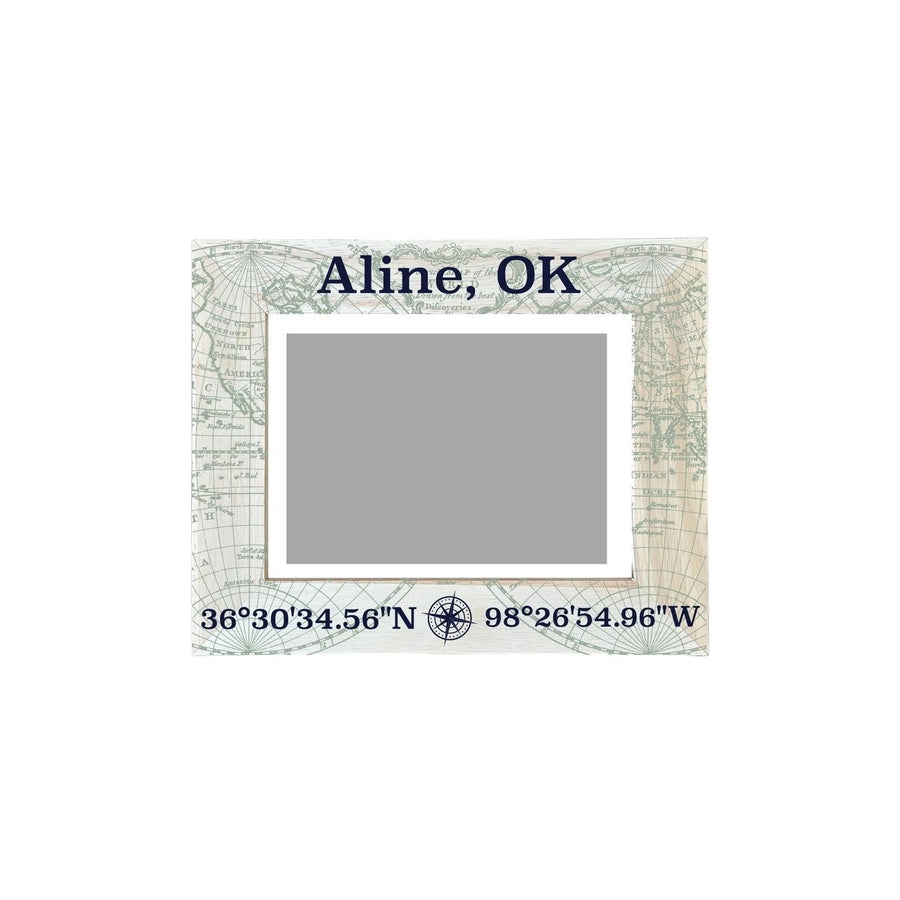 Aline Oklahoma Souvenir Wooden Photo Frame Compass Coordinates Design Matted to 4 x 6" Image 1