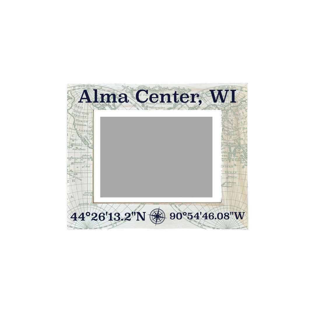 Alma Center Wisconsin Souvenir Wooden Photo Frame Compass Coordinates Design Matted to 4 x 6" Image 1