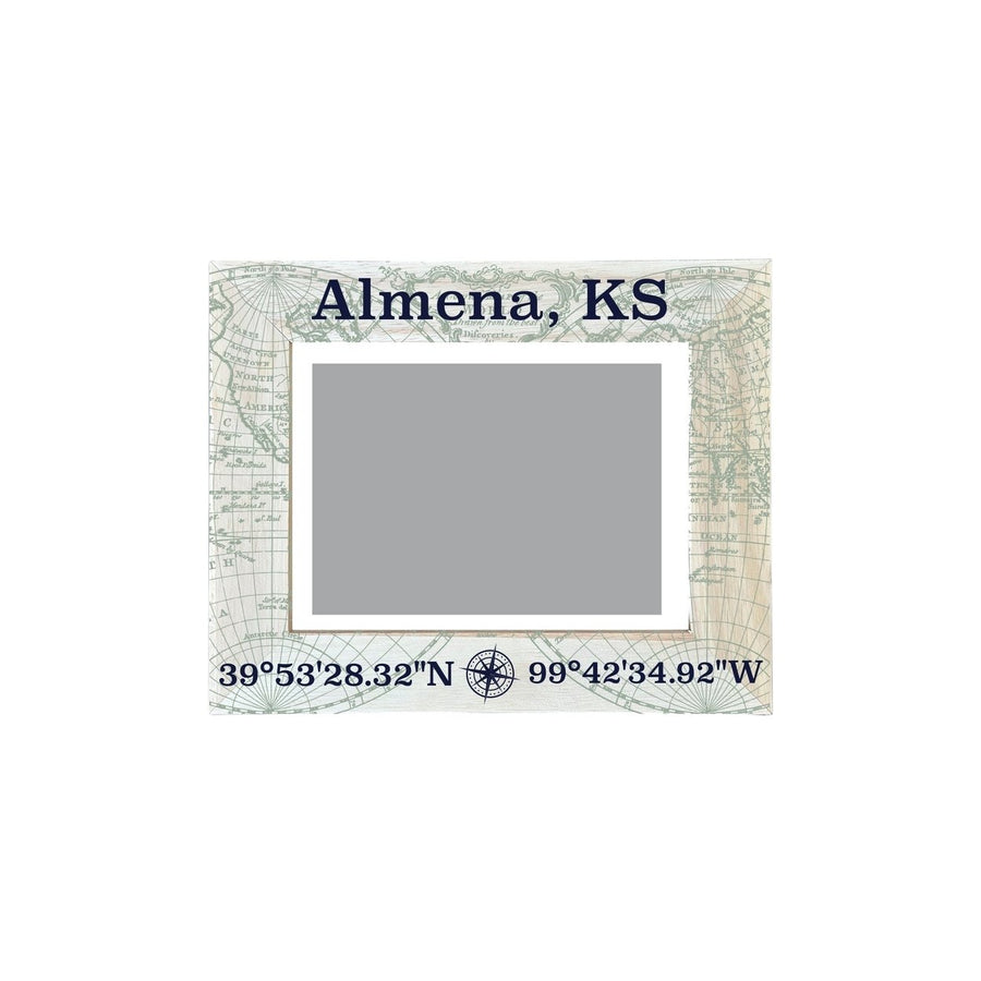 Almena Kansas Souvenir Wooden Photo Frame Compass Coordinates Design Matted to 4 x 6" Image 1