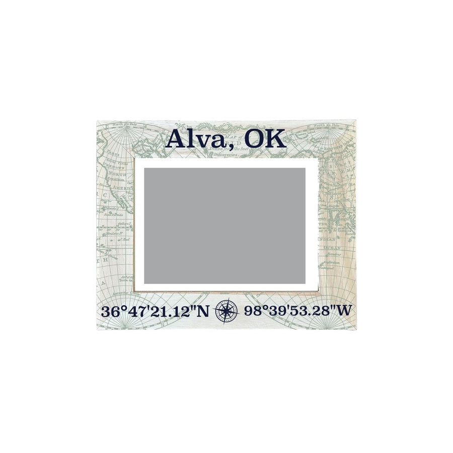 Alva Oklahoma Souvenir Wooden Photo Frame Compass Coordinates Design Matted to 4 x 6" Image 1