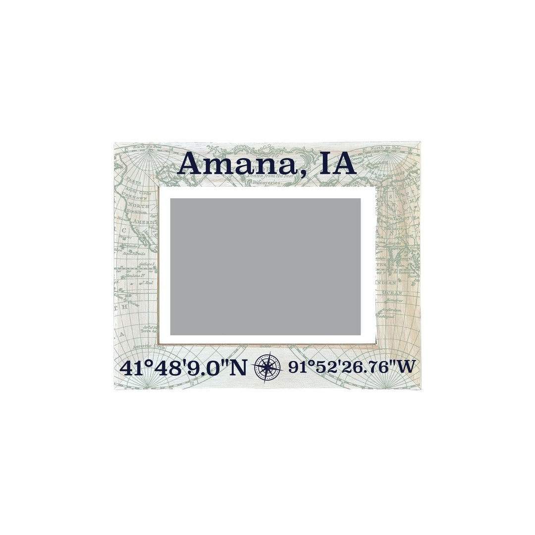 Amana Iowa Souvenir Wooden Photo Frame Compass Coordinates Design Matted to 4 x 6" Image 1