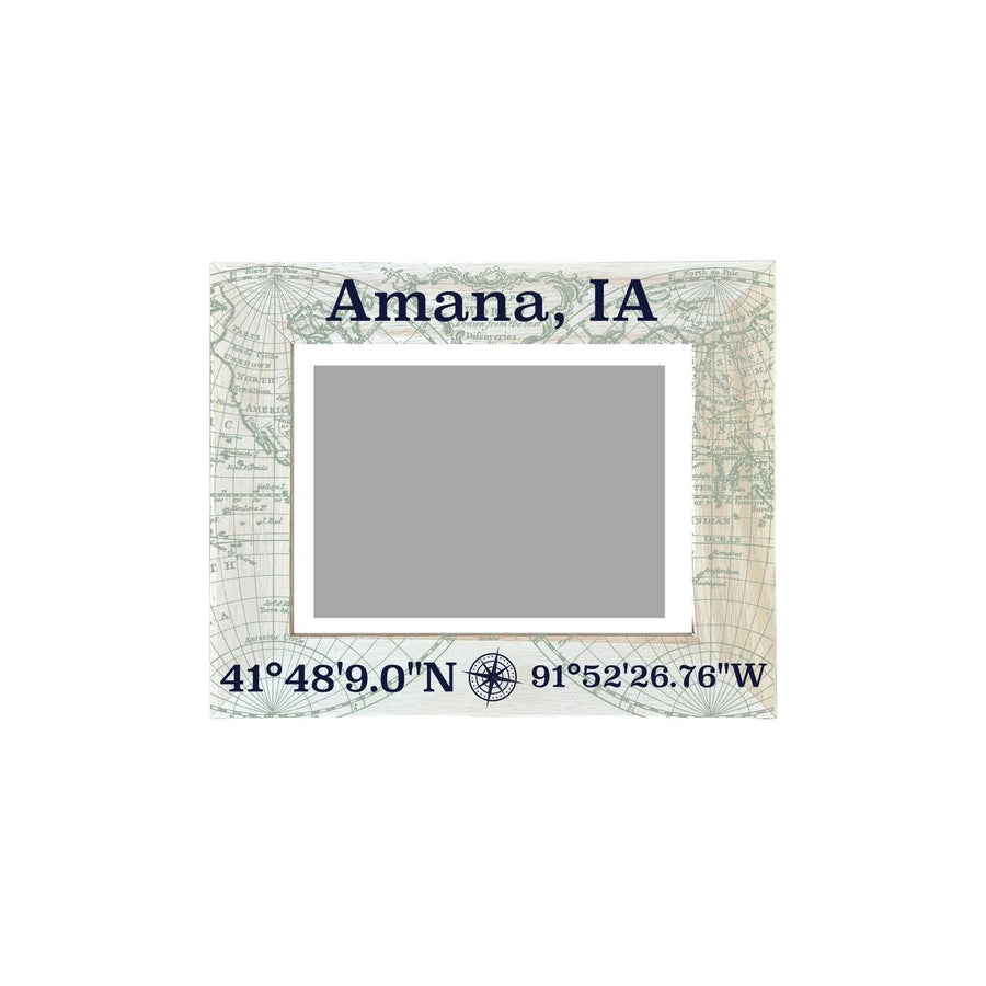 Amana Iowa Souvenir Wooden Photo Frame Compass Coordinates Design Matted to 4 x 6" Image 1