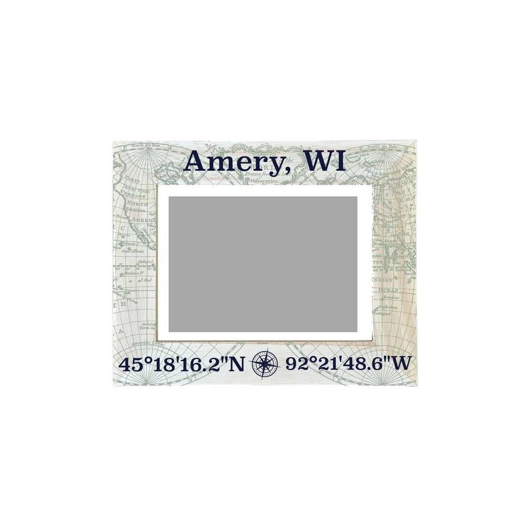 Amery Wisconsin Souvenir Wooden Photo Frame Compass Coordinates Design Matted to 4 x 6" Image 1