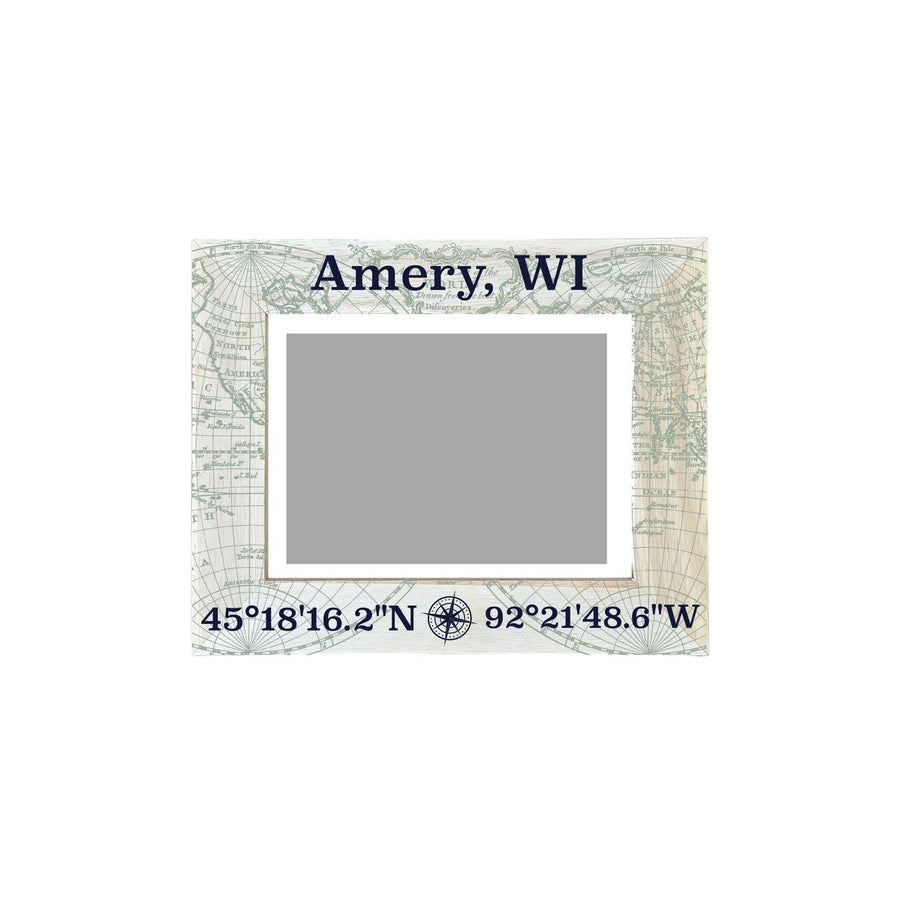 Amery Wisconsin Souvenir Wooden Photo Frame Compass Coordinates Design Matted to 4 x 6" Image 1