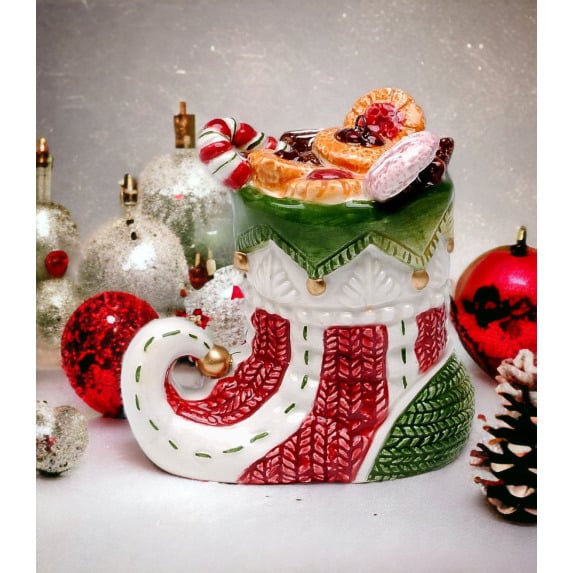 Ceramic Christmas Candy Can Boot Ornament 3 Inch Holiday Image 1