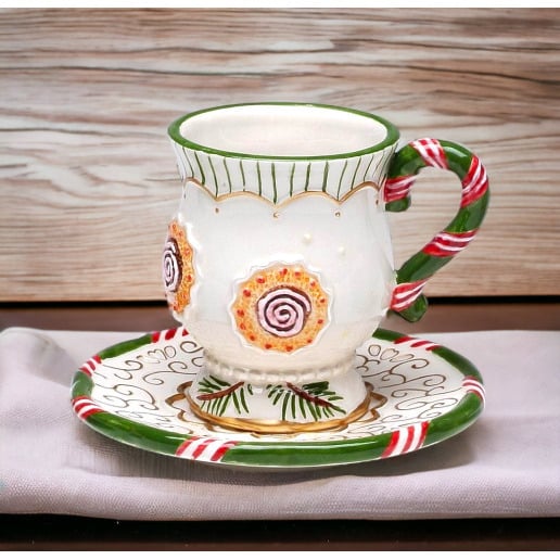 Ceramic Christmas Cup and Saucer Ornament 3 Inch Image 2