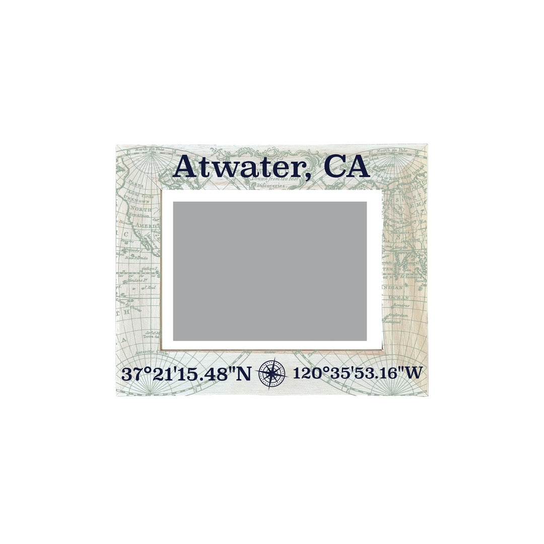 Atwater California Souvenir Wooden Photo Frame Compass Coordinates Design Matted to 4 x 6" Image 1