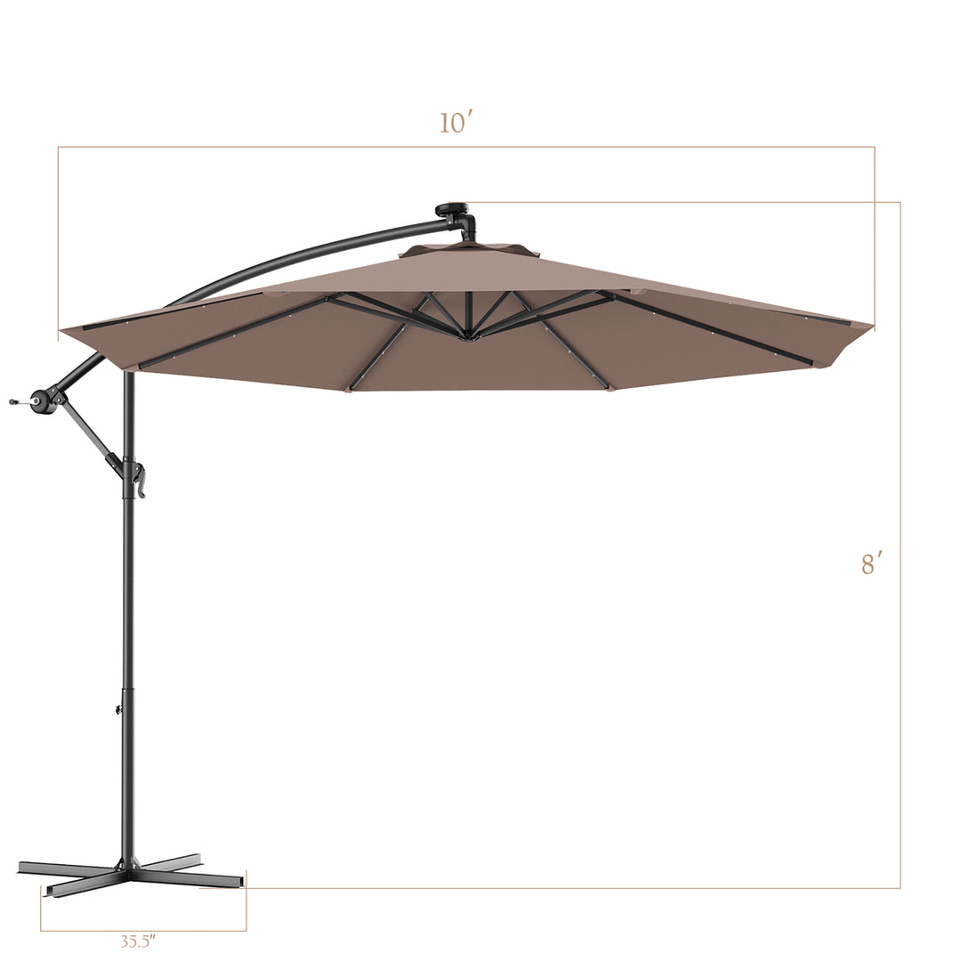 10 Hanging Solar LED Umbrella Patio Sun Shade Offset Market W/Base Tan Image 3