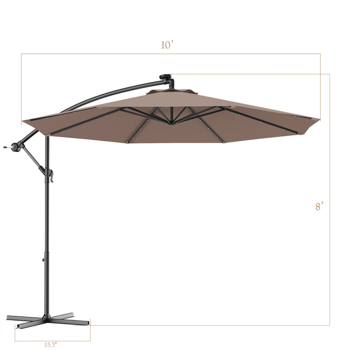 10 Hanging Solar LED Umbrella Patio Sun Shade Offset Market W/Base Tan Image 3