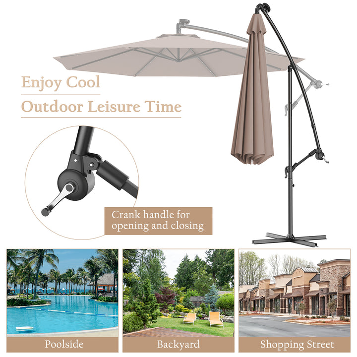 10 Hanging Solar LED Umbrella Patio Sun Shade Offset Market W/Base Tan Image 4