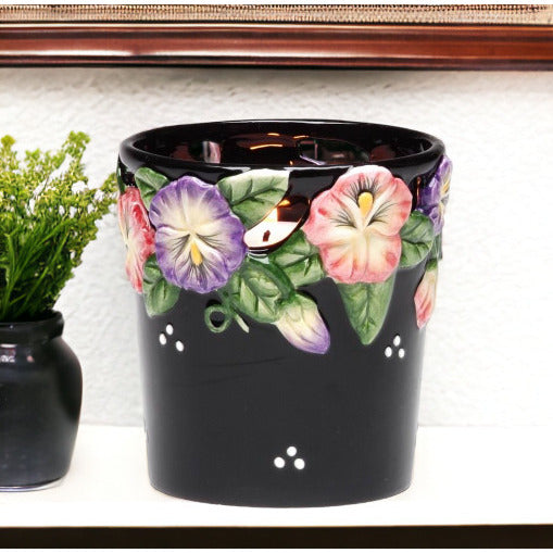 Ceramic Black Votive Candle Holder Pansy Flower 2 x 2.5 Inch Gift Image 1