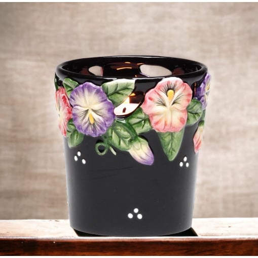 Ceramic Black Votive Candle Holder Pansy Flower 2 x 2.5 Inch Gift Image 2