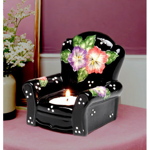 Ceramic Tealight Candle Holder Black Chair Pansy Flower 3.25 x 3.5 Image 1