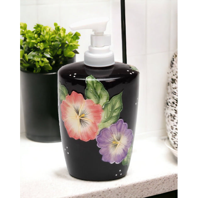 Ceramic Pansy Flower Soap Dispenser Pump Black 3.25x6.5 Gift Image 1