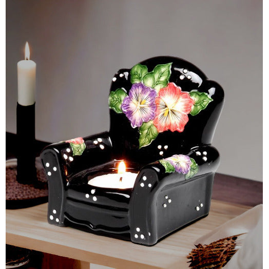 Ceramic Tealight Candle Holder Black Chair Pansy Flower 3.25 x 3.5 Image 2