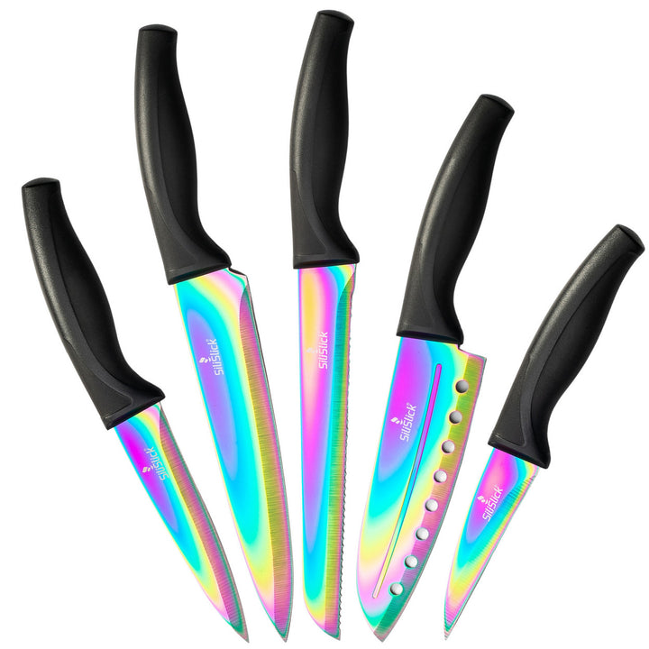 SiliSlick Stainless Steel Kitchen Knife Set Black Handle Titanium Coated 5 Piece Image 1