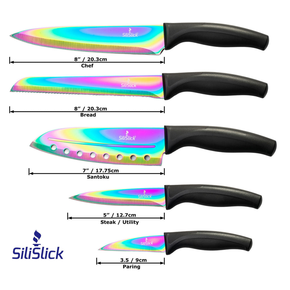 SiliSlick Stainless Steel Kitchen Knife Set Black Handle Titanium Coated 5 Piece Image 2