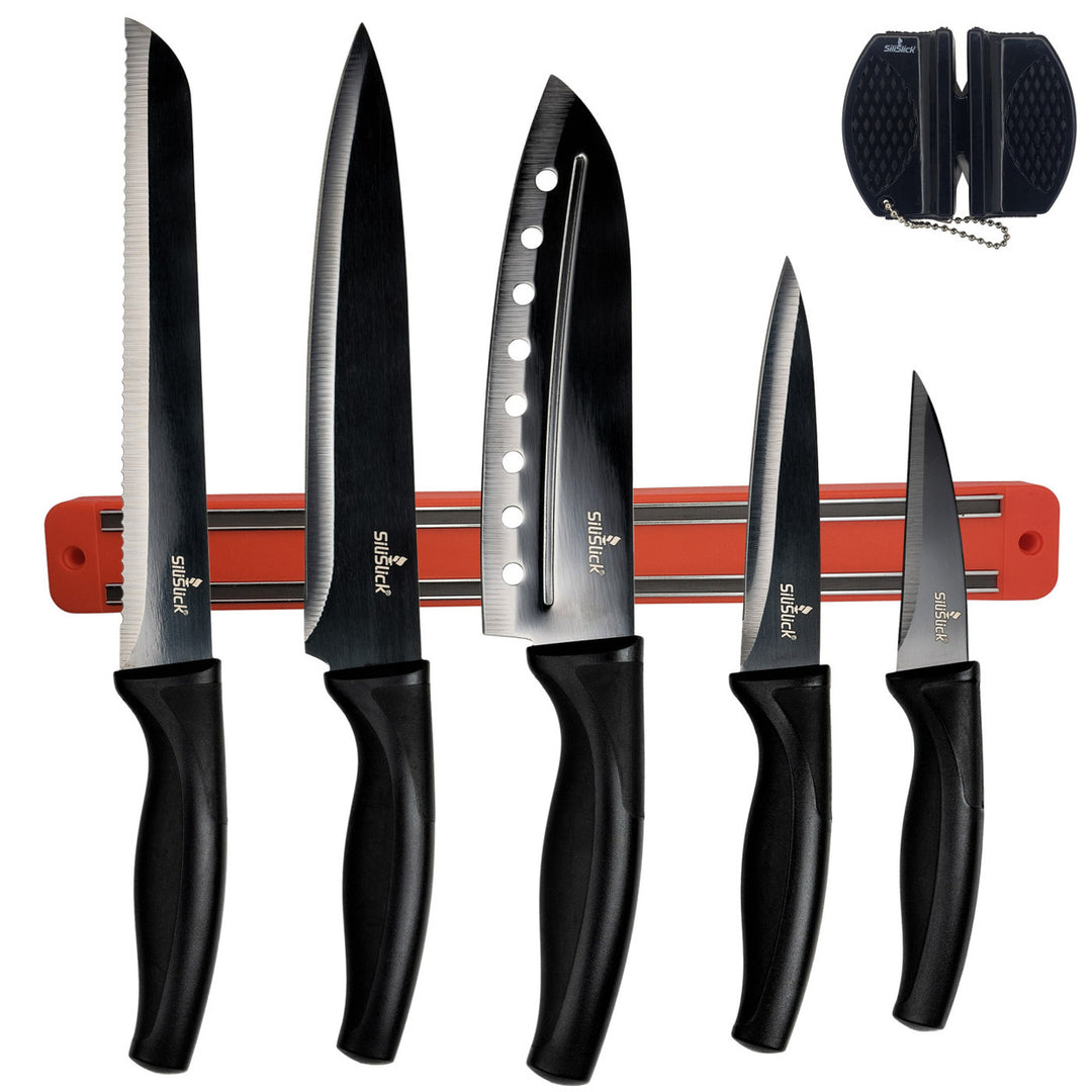 SiliSlick Kitchen Knife Set Black Handle Black Blade with Red Magnetic Rack Image 1