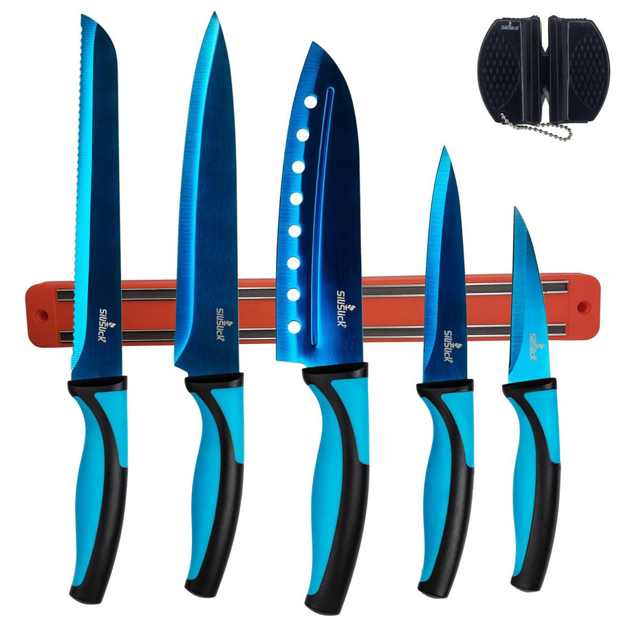 SiliSlick Kitchen Knife Set Blue Handle Blue Blade 5 Knives with Magnetic Rack Image 1