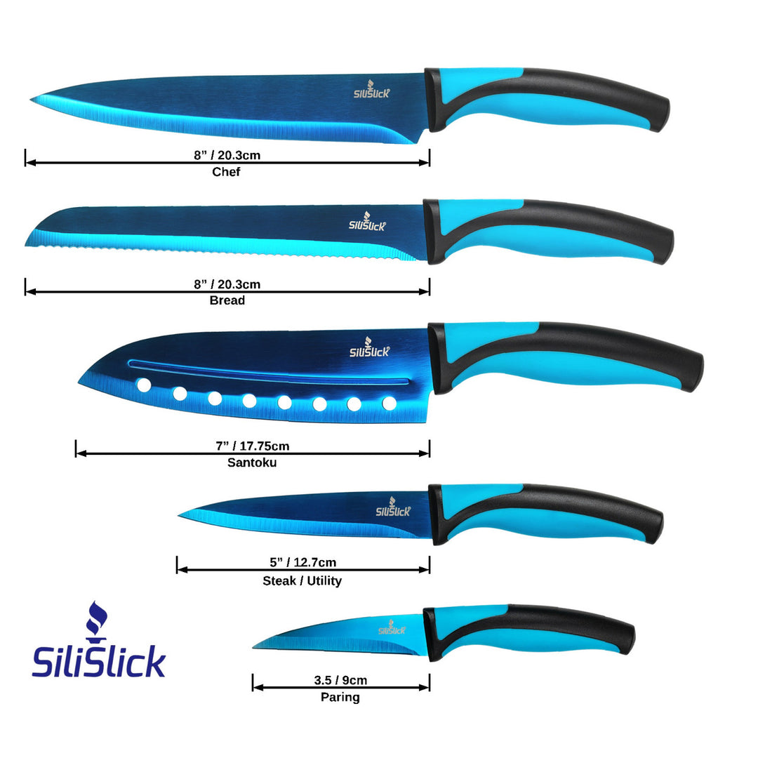 SiliSlick Kitchen Knife Set Blue Handle Blue Blade 5 Knives with Magnetic Rack Image 2