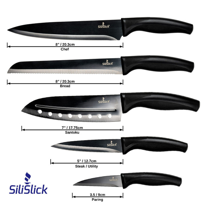 SiliSlick Kitchen Knife Set Black Handle Black Blade with Red Magnetic Rack Image 2